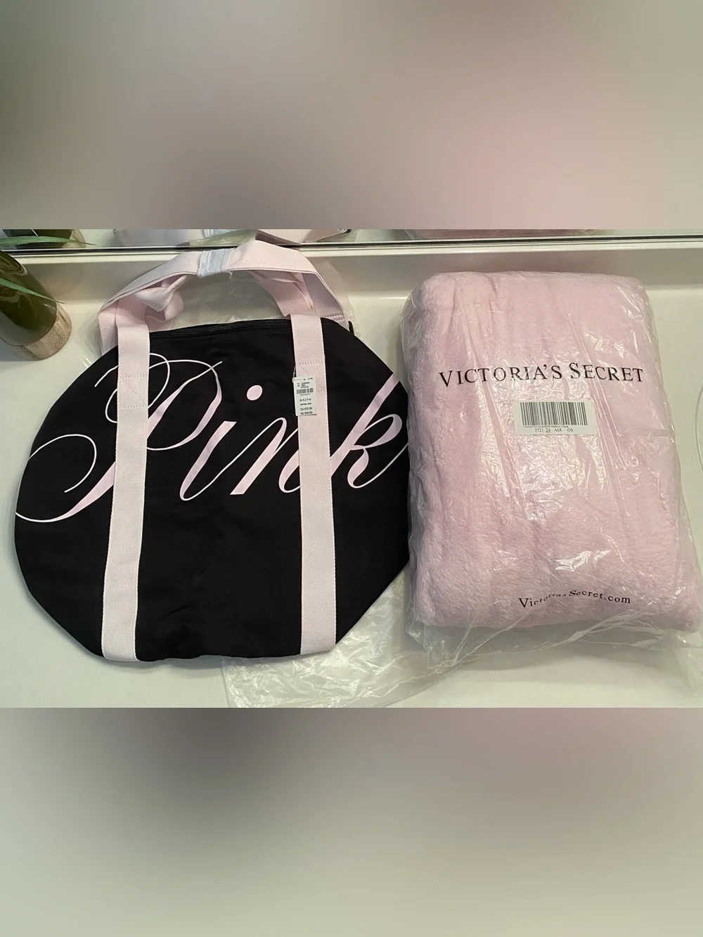 PINK Black and Light Pink Duffle Bag with 'Pink' Script and Blanket